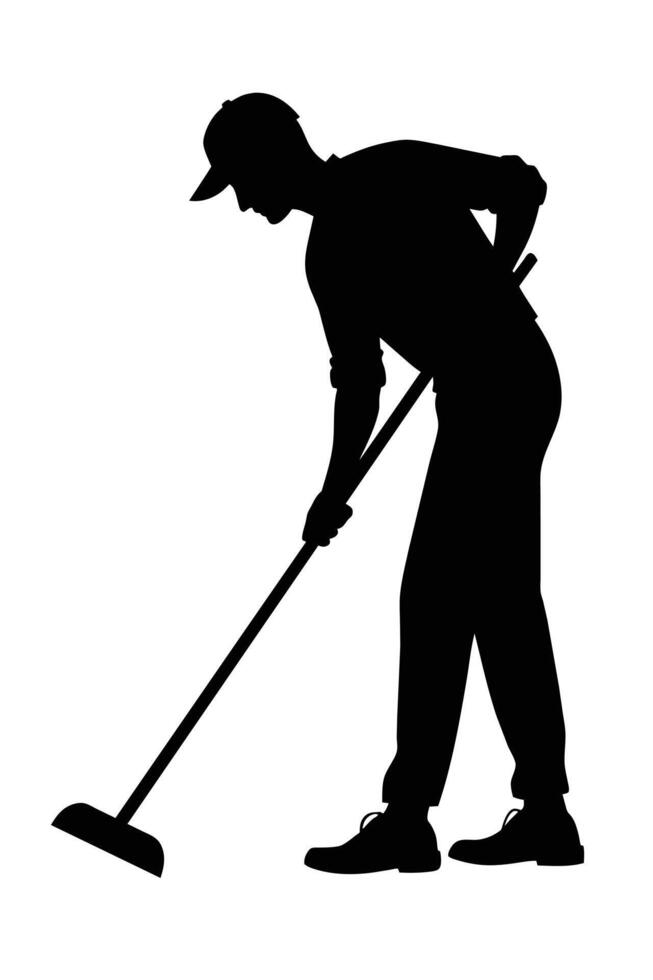 silhouette janitor. man sweeping the floor with a mop over white background vector