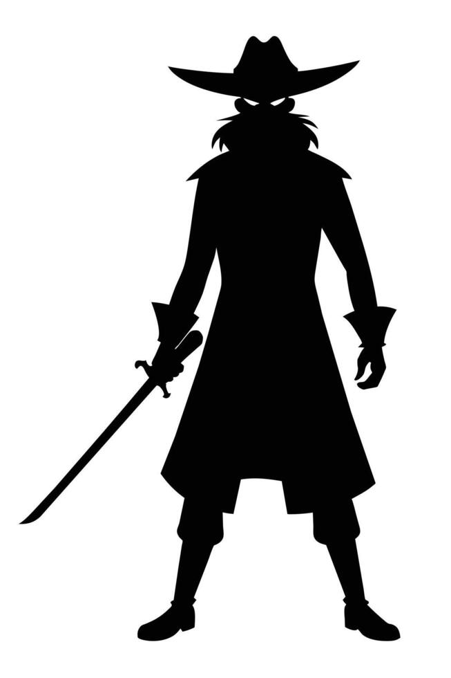 Pirate silhouette with sword, hat and coat vector