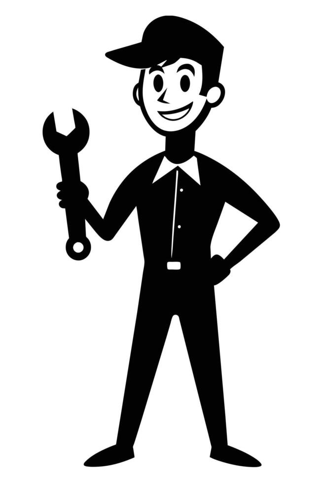 A silhouette of a confident and smiling handyman holding a wrenc vector