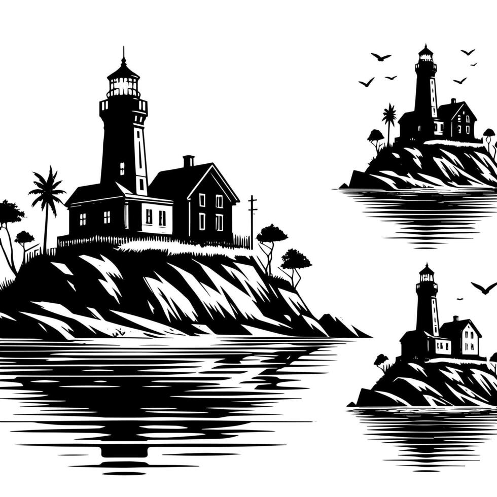 negro y blanco ilustración de un tradicional antiguo faro en el rocas vector