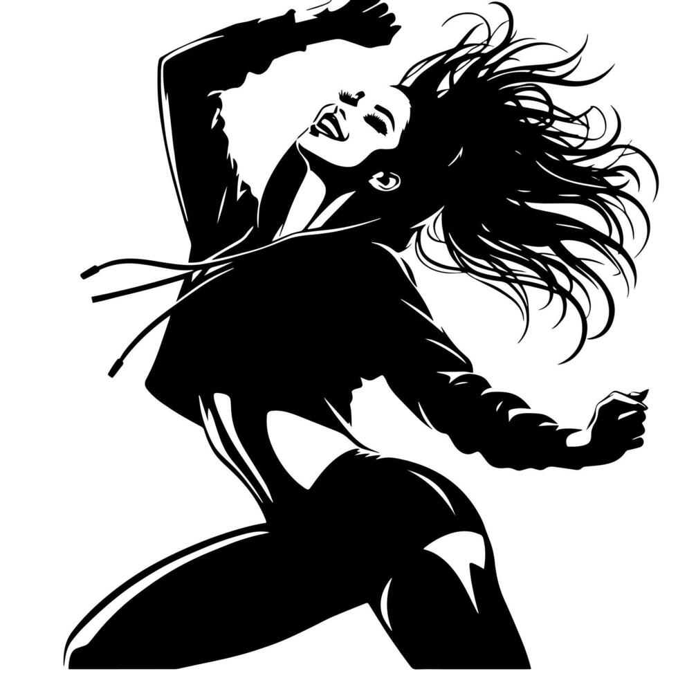 Black and White Illustration of a punk Woman is dancing and shaking in a Successful Pose vector