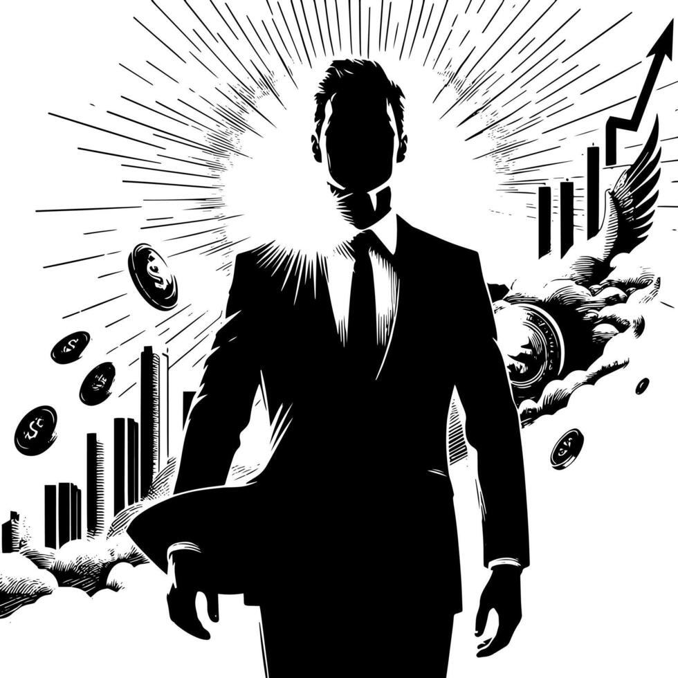 Black and white Illustration of a successful Business Man with Money Cars and Luxus vector