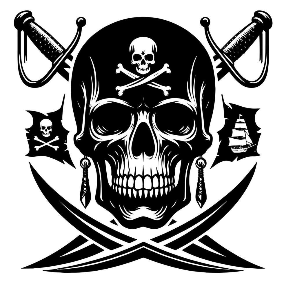 negro y blanco ilustración de pirata símbolo con espadas y sombrero vector