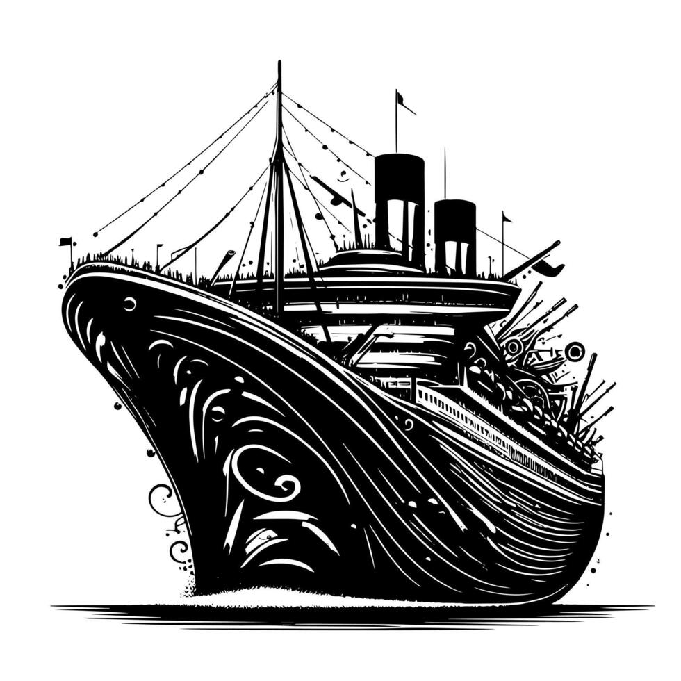 Black and White Illustration of a ocean liner at the sea vector