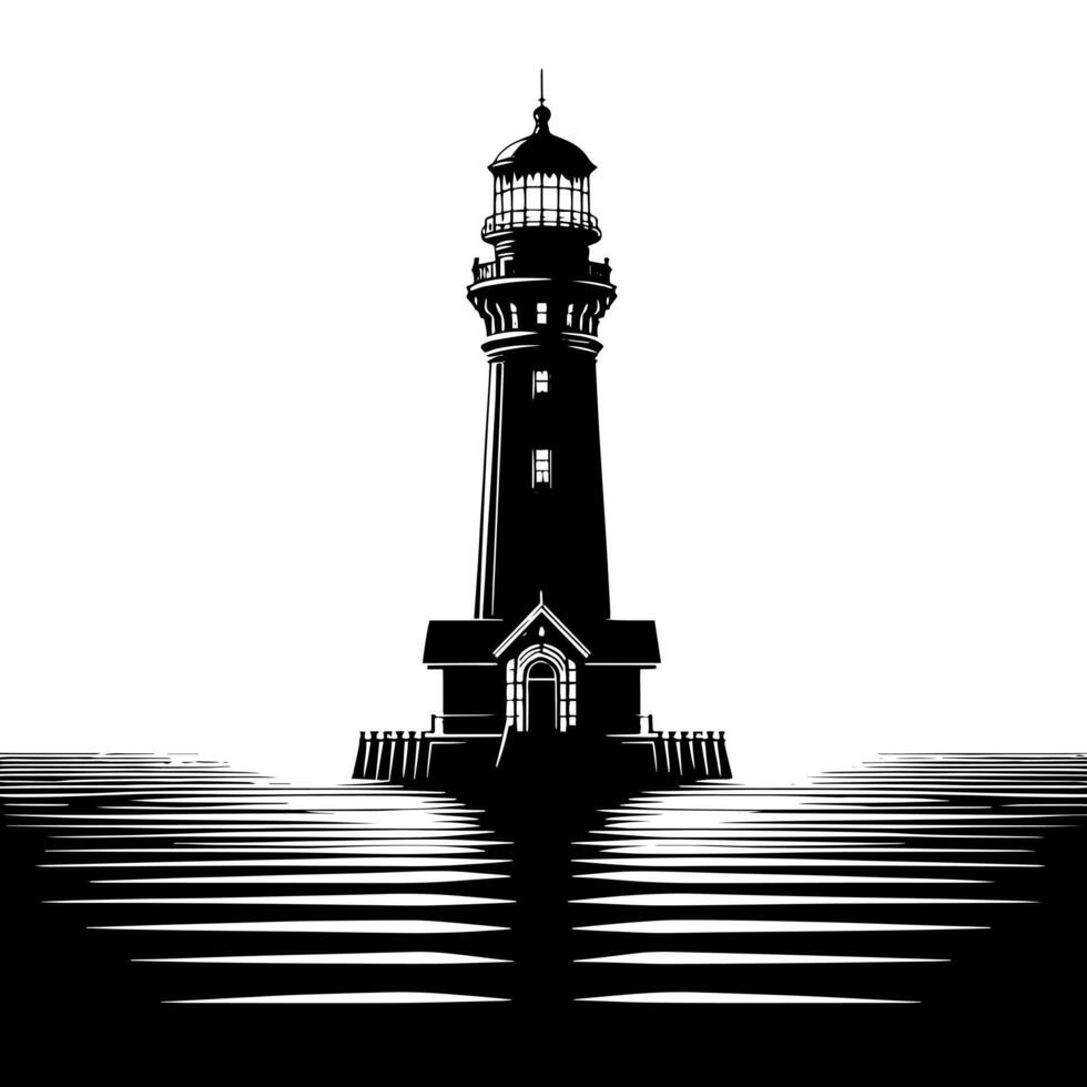 Black and White Illustration of a traditional old Lighthouse on the rocks vector