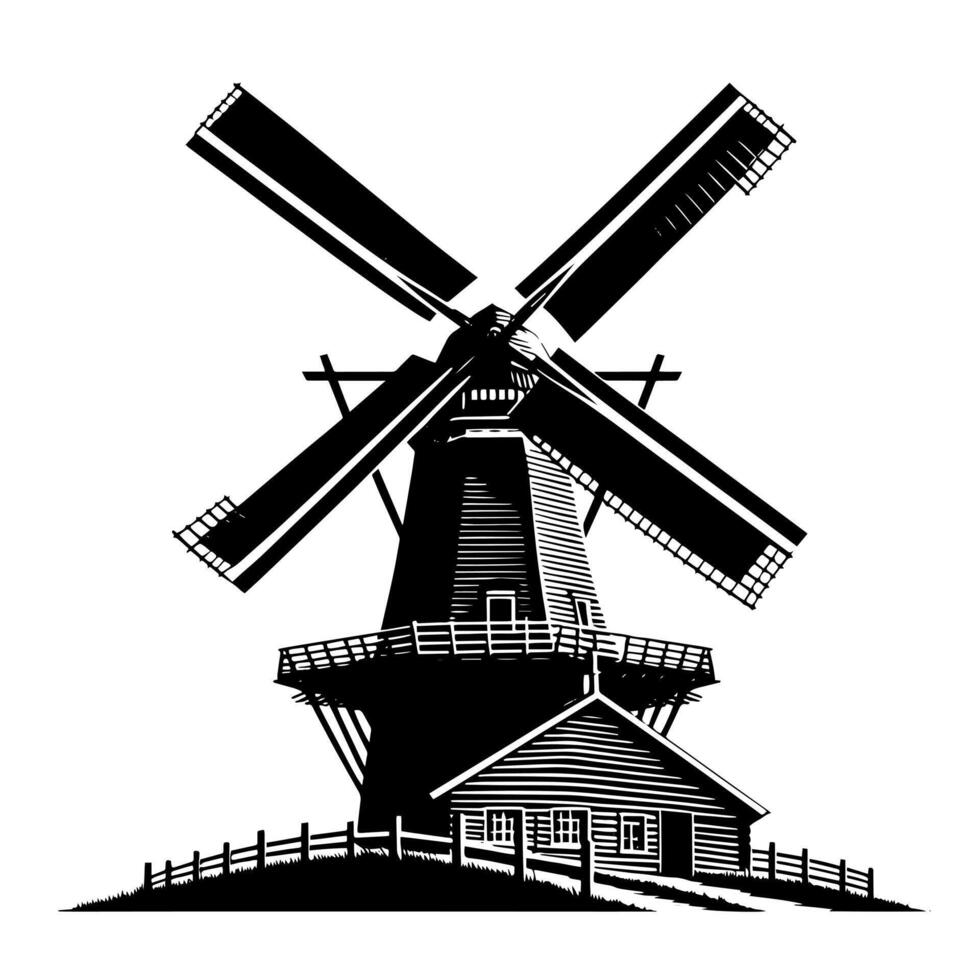 Black and White Illustration of a traditional old Windmill in Holland vector