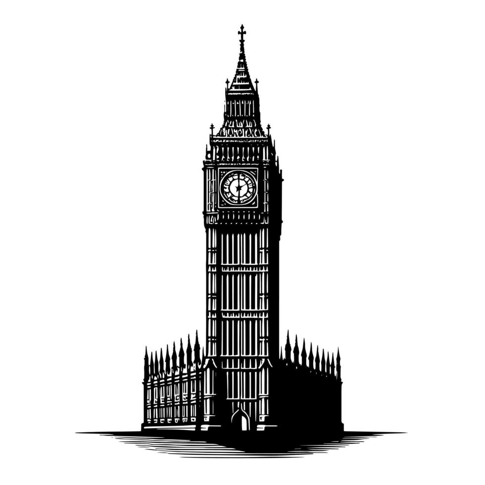 negro y blanco ilustración de grande ben torre en Londres vector
