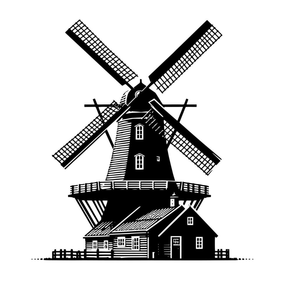 Black and White Illustration of a traditional old Windmill in Holland vector