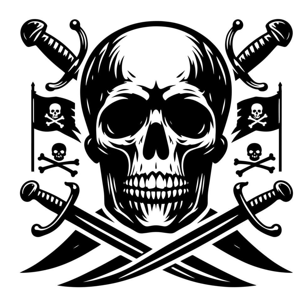 negro y blanco ilustración de pirata símbolo con espadas y sombrero vector