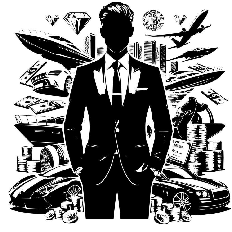 Black and white Illustration of a successful Business Man with Money Cars Girls and Luxus vector