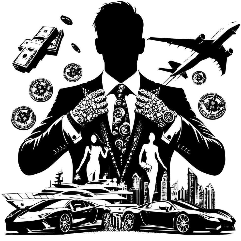 Black and white Illustration of a successful Business Man with Money Cars Girls and Luxus vector