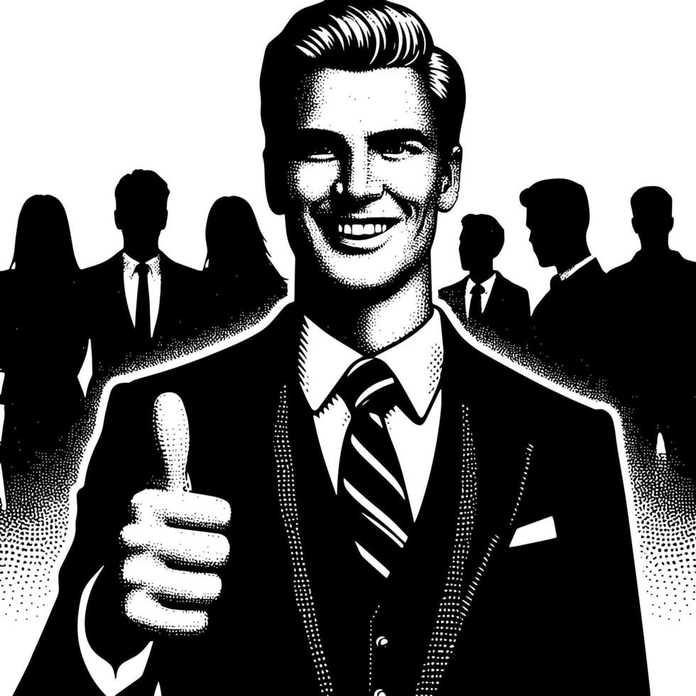 Black and White Illustration of a Man in Business Suit is showing the Thumbs up Sign vector