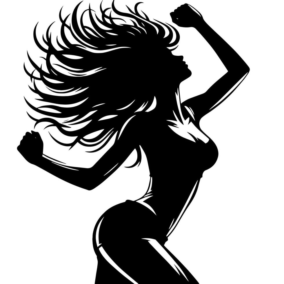 Black and White Illustration of a punk Woman is dancing and shaking in a Successful Pose vector