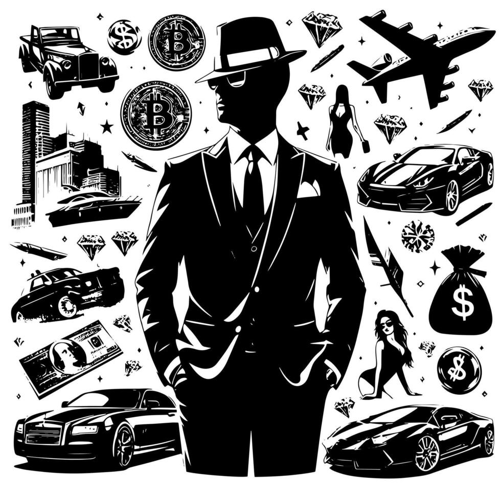 Black and white Illustration of a successful Business Man with Money Cars Girls and Luxus vector