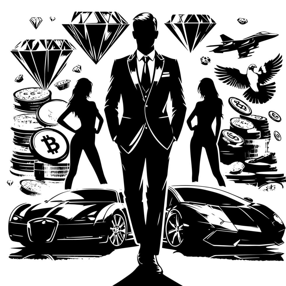 Black and white Illustration of a successful Business Man with Money Cars Girls and Luxus vector