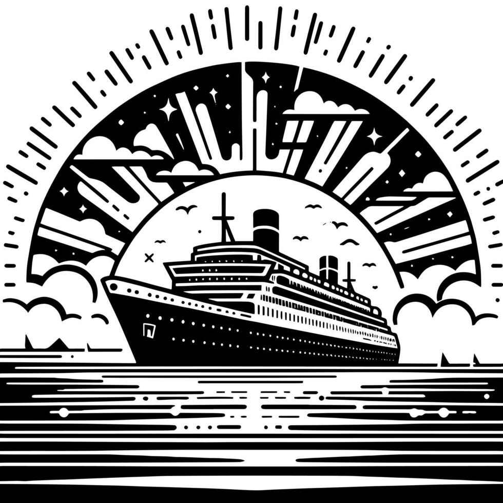 Black and White Illustration of a ocean liner at the sea vector