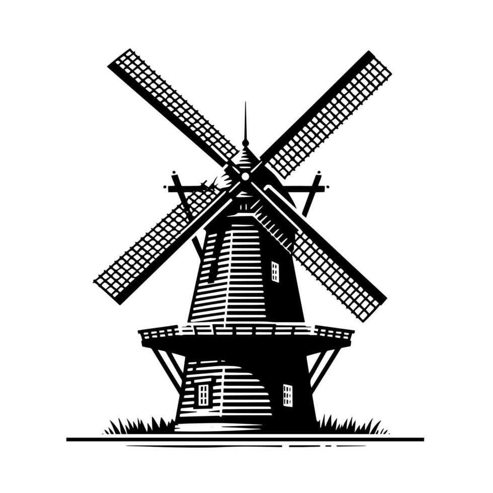 negro y blanco ilustración de un tradicional antiguo molino en Holanda vector