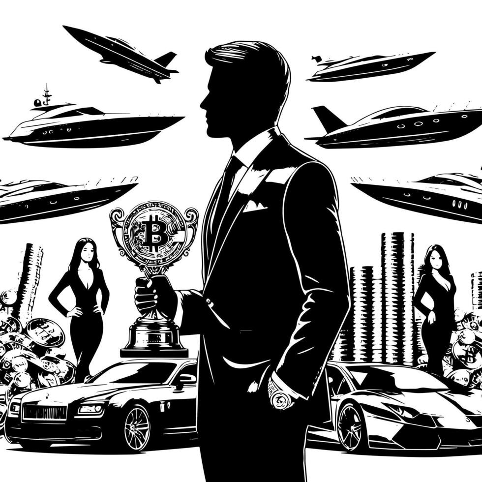 Black and white Illustration of a successful Business Man with Money Cars Girls and Luxus vector