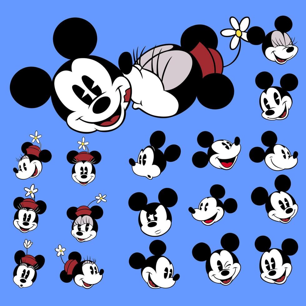 Disney animated character set minnie mouse and mickey mouse cartoon face expression vector