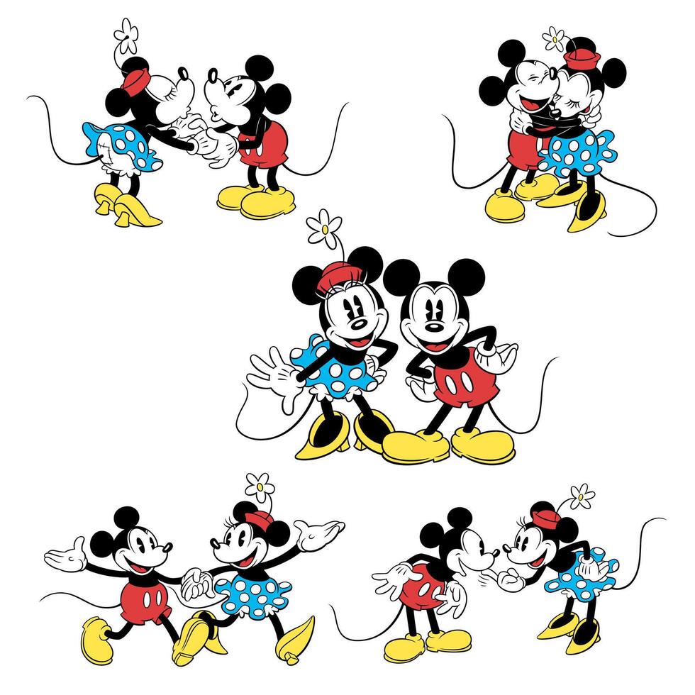 Disney animated character set mickey mouse and minnie mouse cartoon couple vector