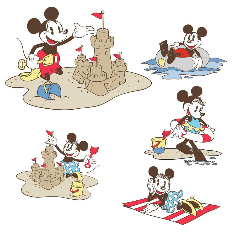 Disney animated character set mickey mouse and minnie mouse cartoon in the beach vector