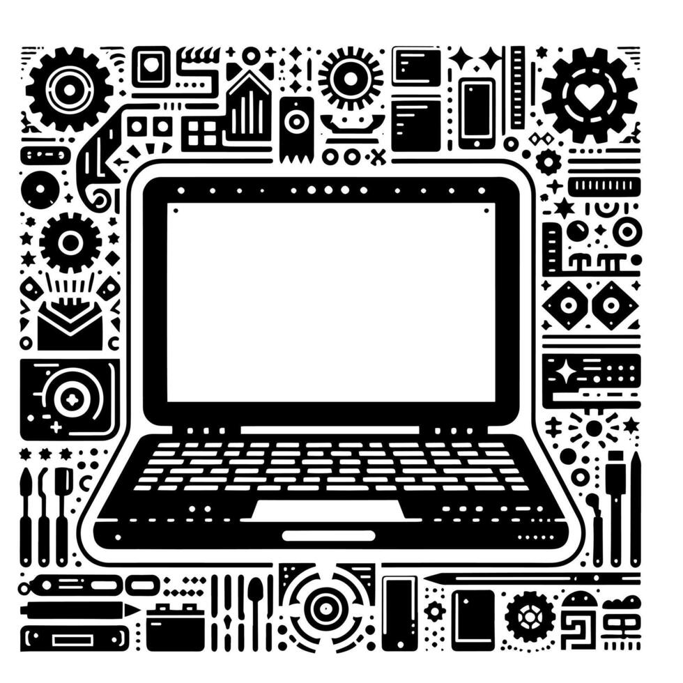 Black and White Illustration of a laptop vector