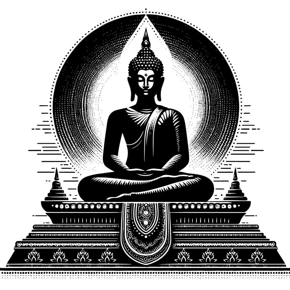 Black and White Illustration of a Buddha Statue Symbol vector