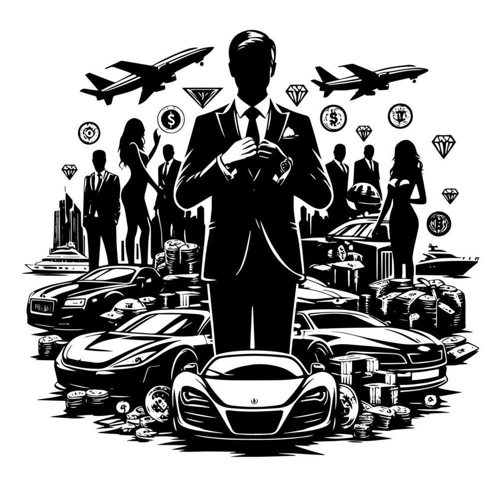 Black and white Illustration of a successful Business Man with Money Cars Girls and Luxus vector