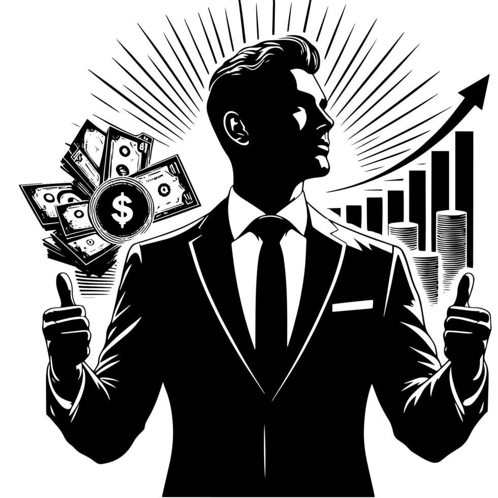 negro y blanco ilustración de un exitoso negocio hombre con dinero carros y lujo vector