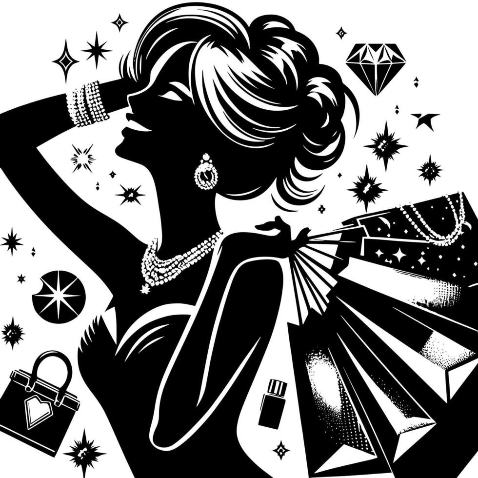 Black and white Illustration of a lucky luxurious Shopping Lady with Bags and Diamonds and Parfum vector