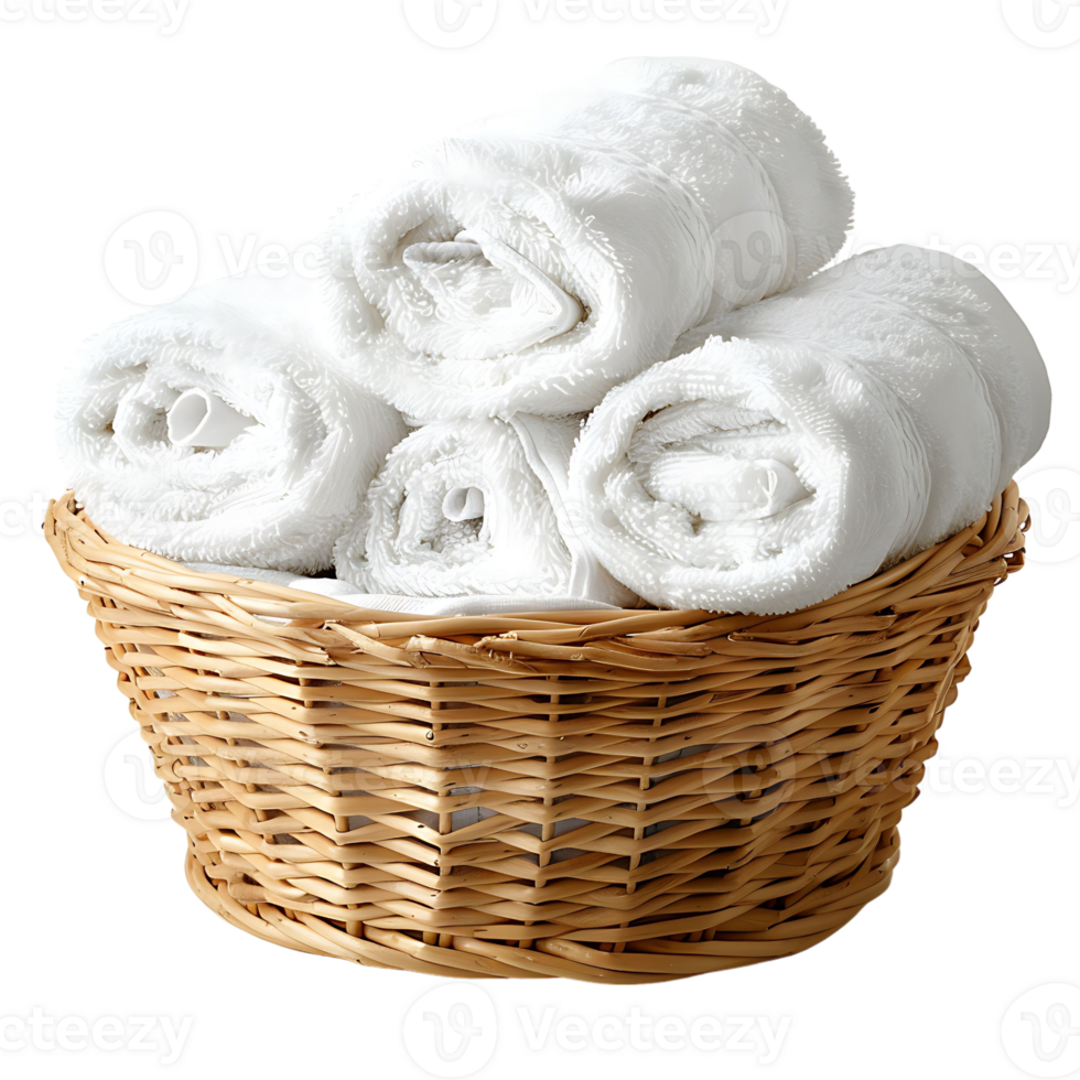 Basket of clean towels on a wooden table on isolated transparent background png