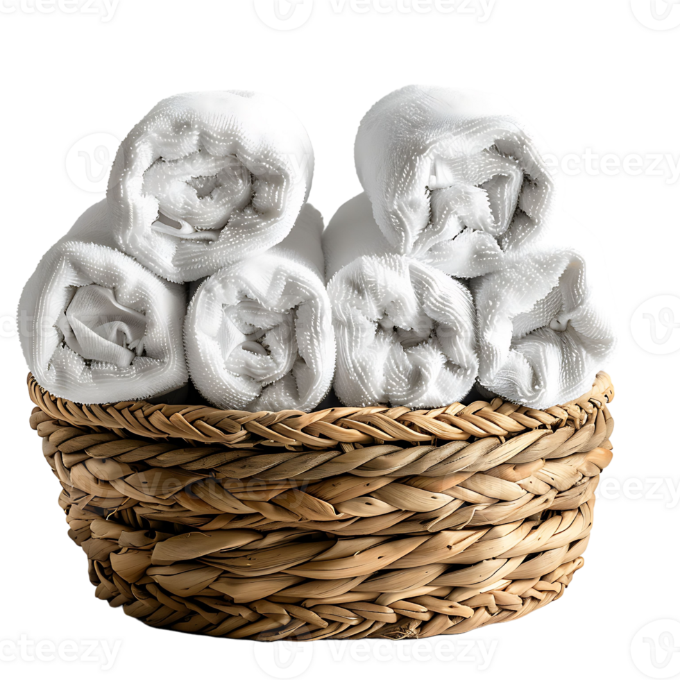 Basket of clean towels on a wooden table on isolated transparent background png
