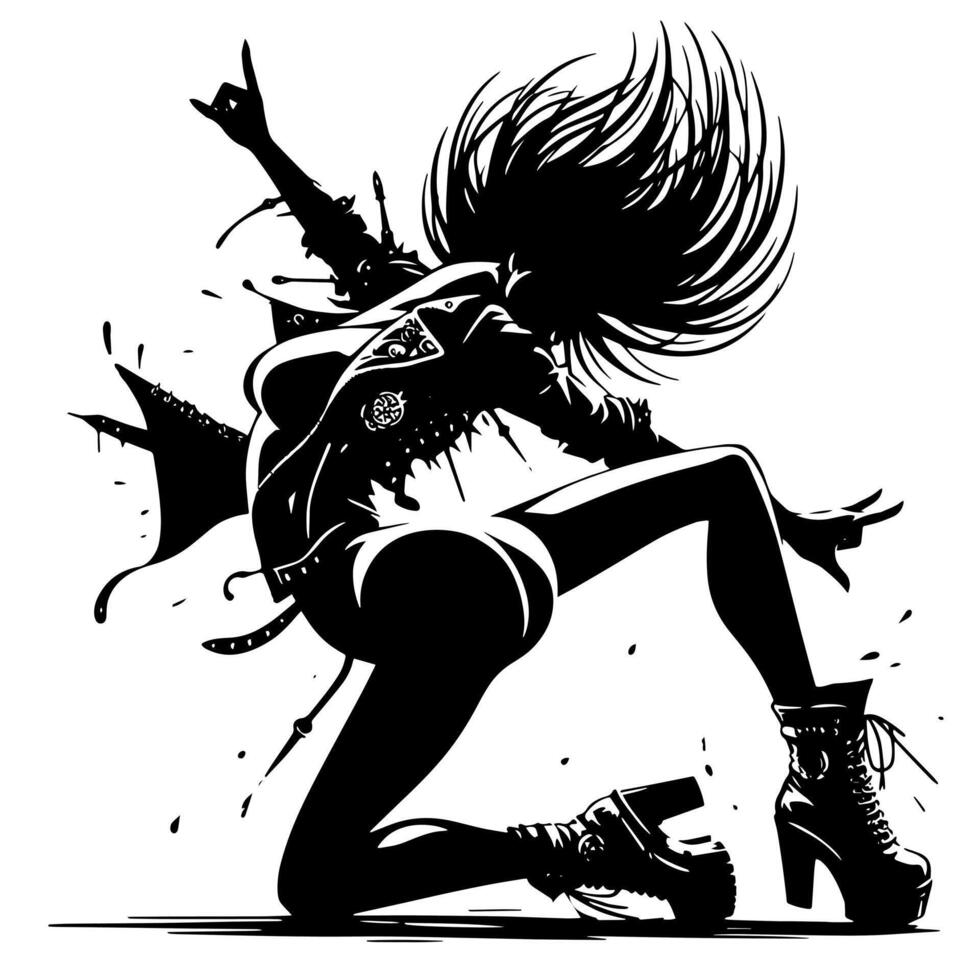 negro y blanco ilustración de un punk mujer es bailando y sacudida en un exitoso actitud vector