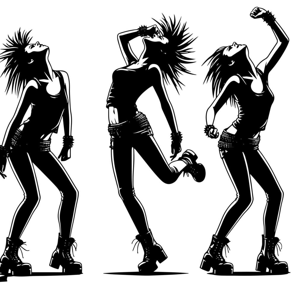 negro y blanco ilustración de un punk mujer es bailando y sacudida en un exitoso actitud vector