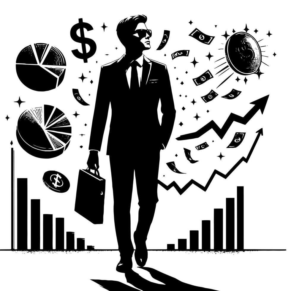 Black and white Illustration of a successful Business Man with Money Cars and Luxus vector