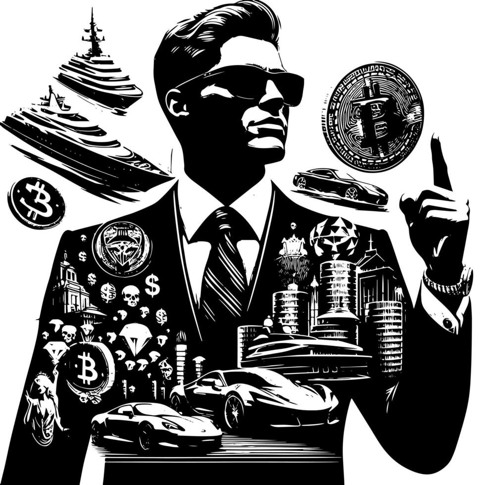 Black and white Illustration of a successful Business Man with Money Cars Girls and Luxus vector