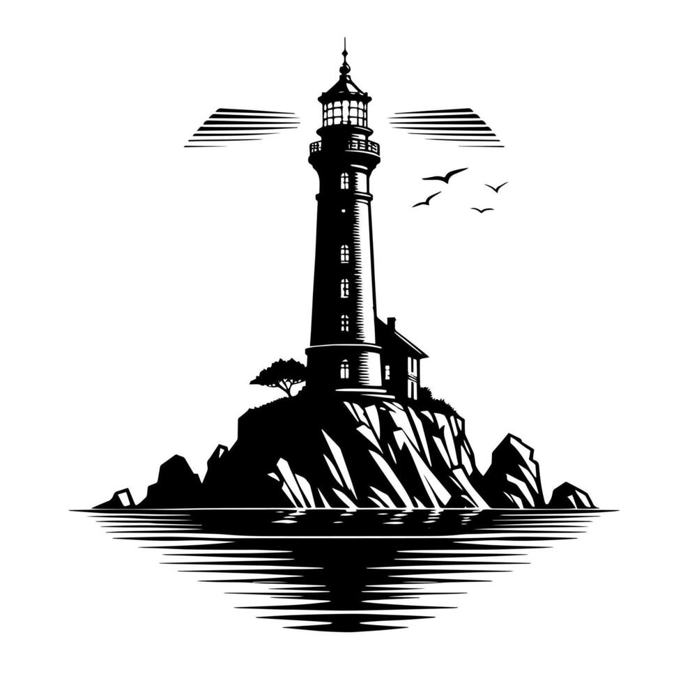 Black and White Illustration of a traditional old Lighthouse on the rocks vector