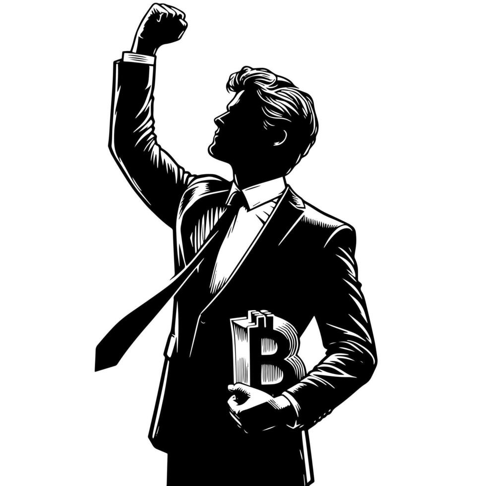 Black and white Illustration of a successful Business Man with Bitcoins Money Cars and Luxus vector