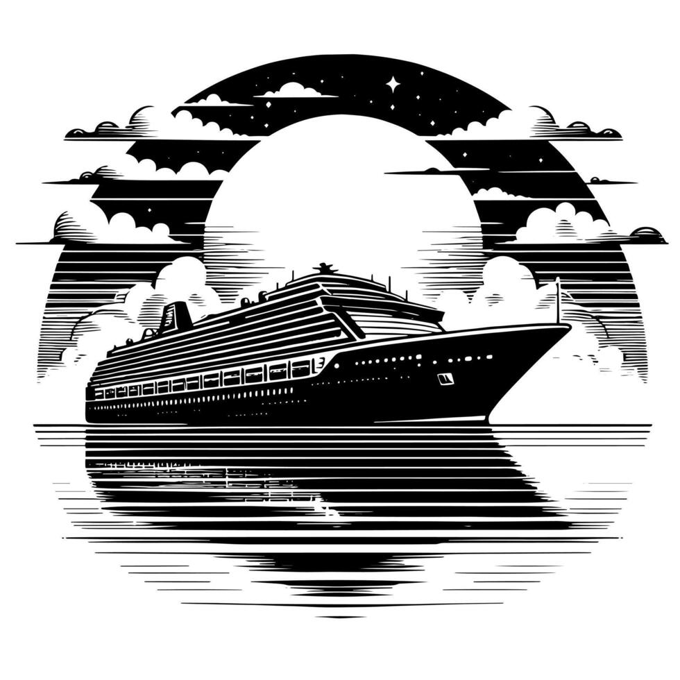 Black and White Illustration of a ocean liner at the sea vector