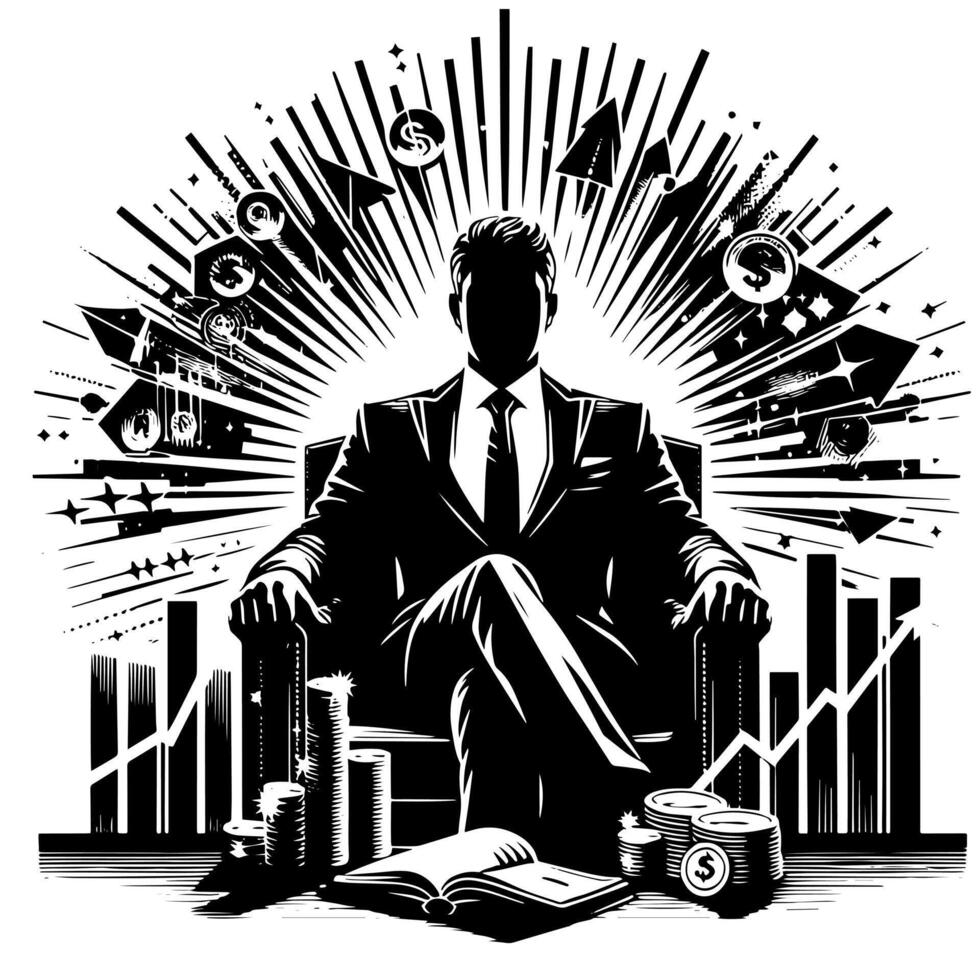 Black and white Illustration of a successful Business Man with Money Cars and Luxus vector