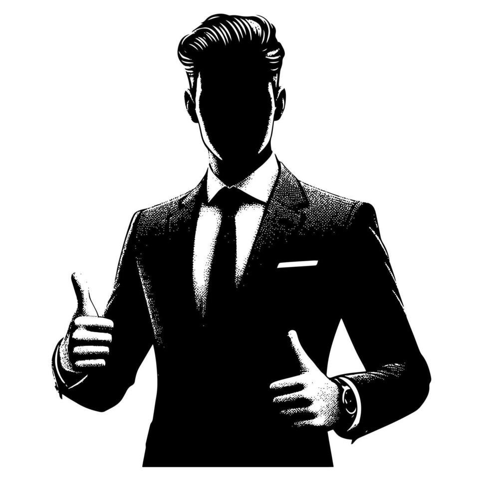 Black and White Illustration of a Man in Business Suit is showing the Thumbs up Sign vector