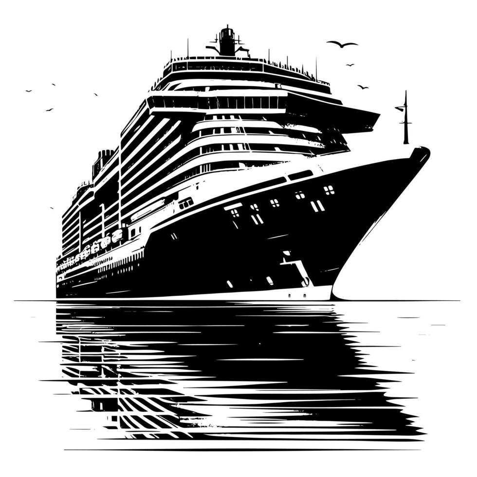 Black and White Illustration of a ocean liner at the sea vector