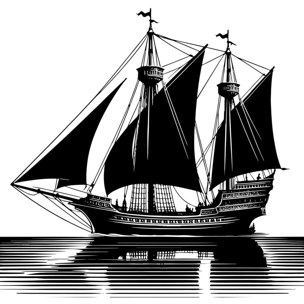 Black and White Illustration of a traditional old sailing ship vector