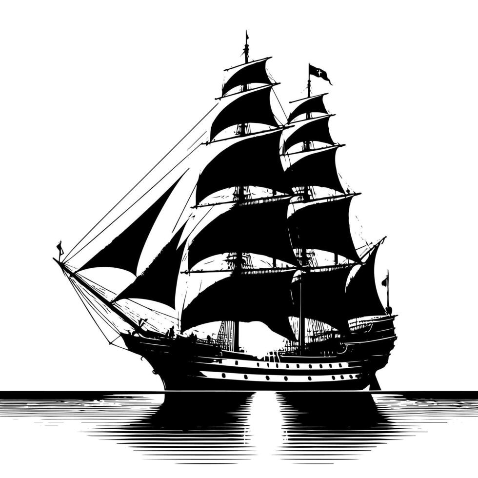 Black and White Illustration of a traditional old sailing ship vector