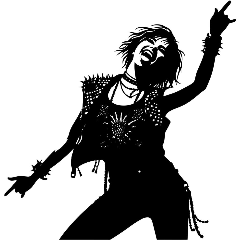 negro y blanco ilustración de un punk mujer es bailando y sacudida en un exitoso actitud vector