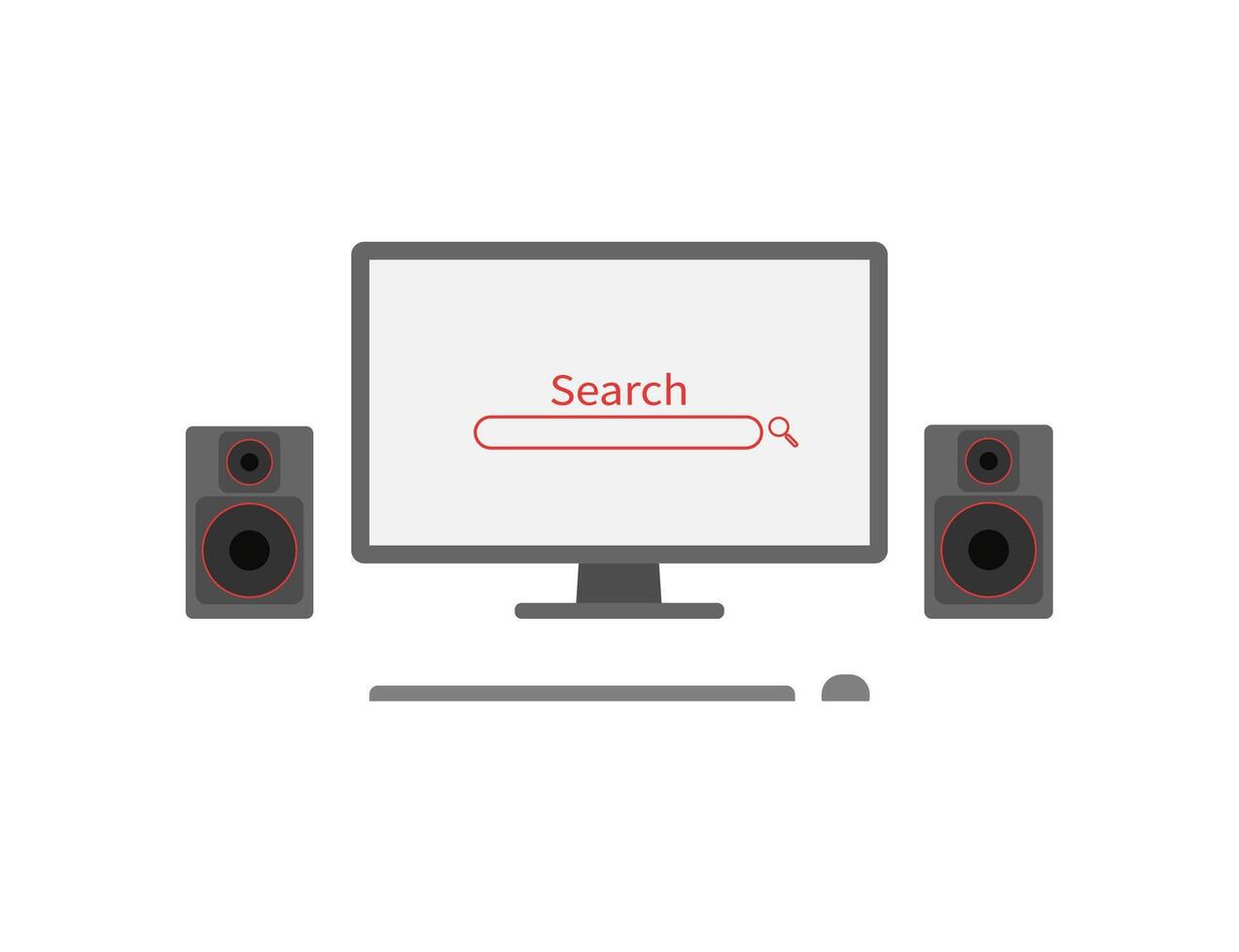 Worktable computer monitor with speakers and search in flat, vector