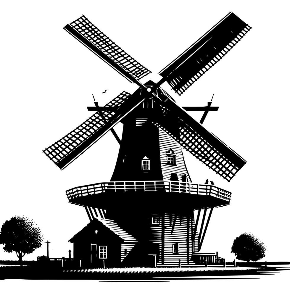 Black and White Illustration of a traditional old Windmill in Holland vector