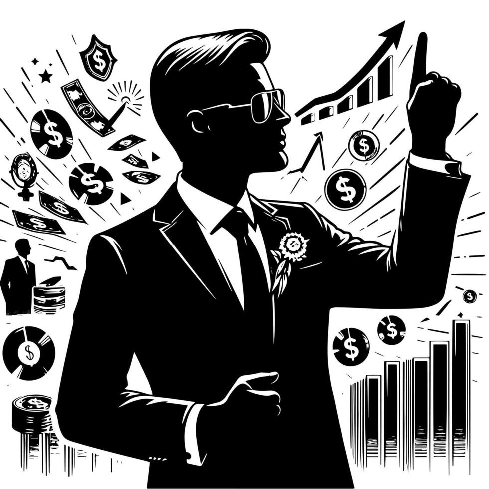 Black and white Illustration of a successful Business Man with Money Cars and Luxus vector