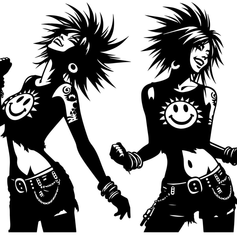 negro y blanco ilustración de un punk mujer es bailando y sacudida en un exitoso actitud vector