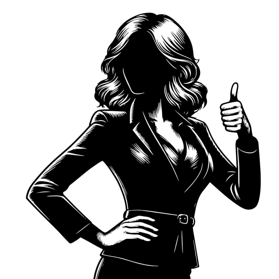 Black and White Illustration of a Woman in Business Suit is showing the Thumbs up Sign vector